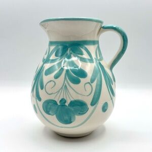 HNOS PEDRAZA Spanish Pottery Ceramic Pitcher / Jug/ Vase - Teal & White Accents